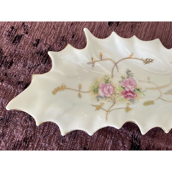 Vintage Arnat Porcelain Vanity Trinket Leaf Dish, Tray, Hand Painted Gold  Trimm - Picture 5 of 10